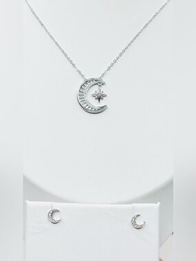 Sterling Silver White Gold Moon & Star Necklace with Matching Moon Stud Earrings